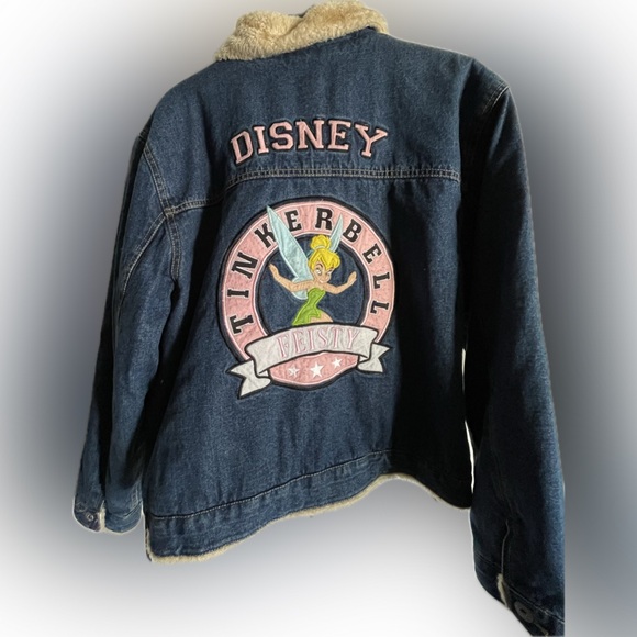 Y2K Disney Tinkerbell Feisty Fairy Sherpa Lined Jean Biker Jacket Women XL - Picture 3 of 6